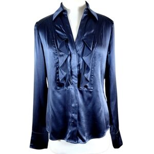DIANE VON FURSTENBURG DVF Midnight Navy Blue Ruffle Detail SILK Blouse Top 12